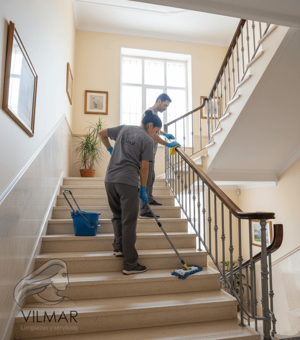 Personal de Vilmar Limpiezas realizando limpieza de escaleras en comunidad de vecinos.