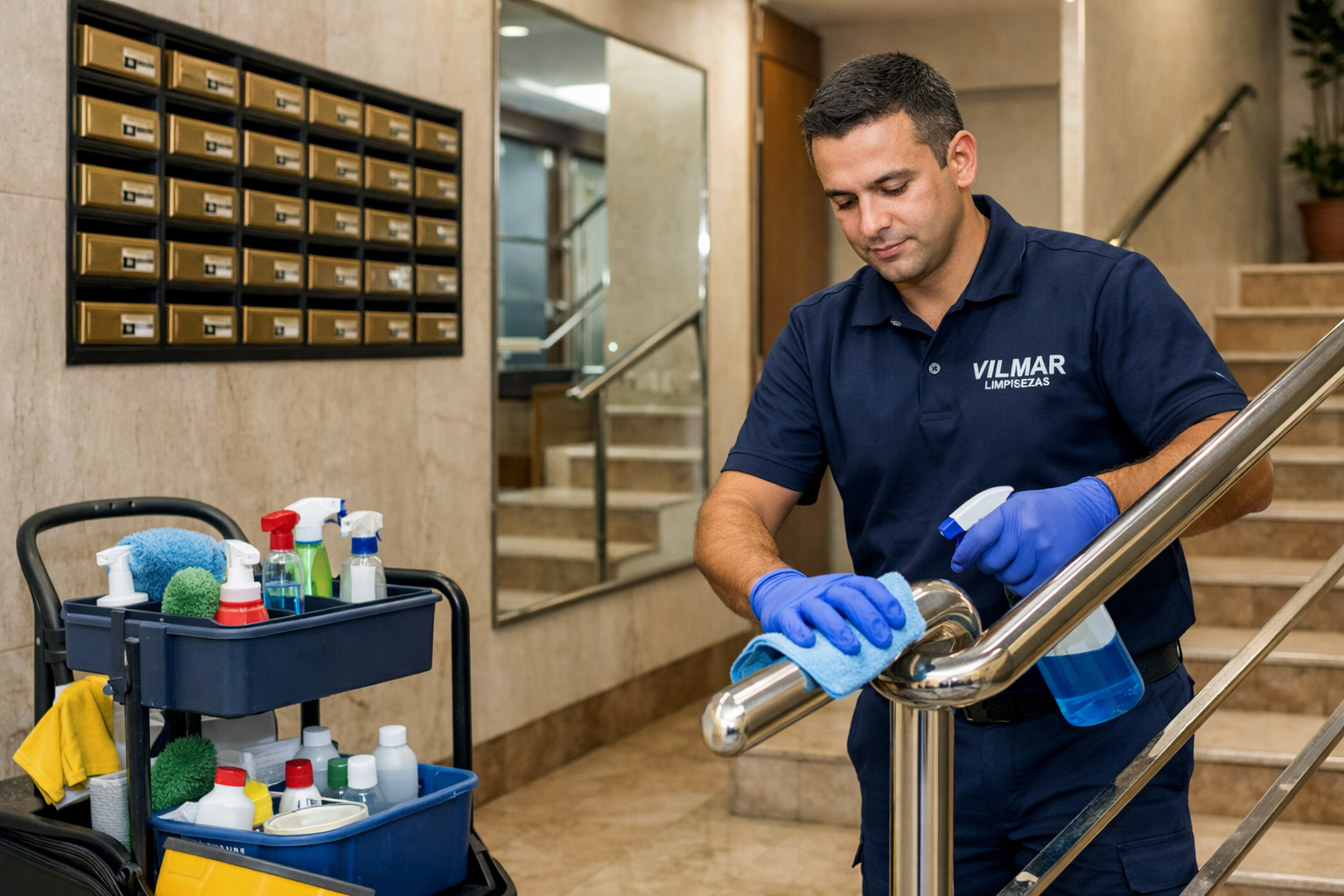 Operario de Vilmar Limpiezas limpiando el portal de una comunidad de vecinos en Madrid con equipo profesional