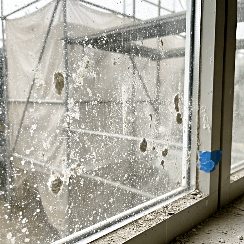 cristales con restos de obra en limpieza fin de obra