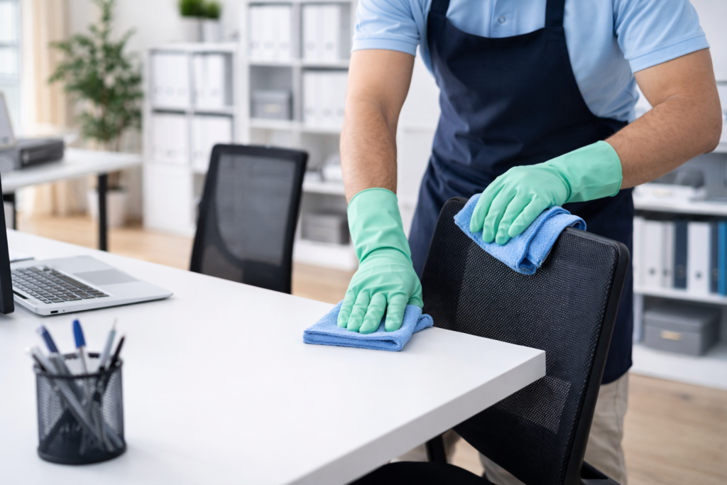 limpieza de mesas y mobiliario de oficina con bayeta de microfibra